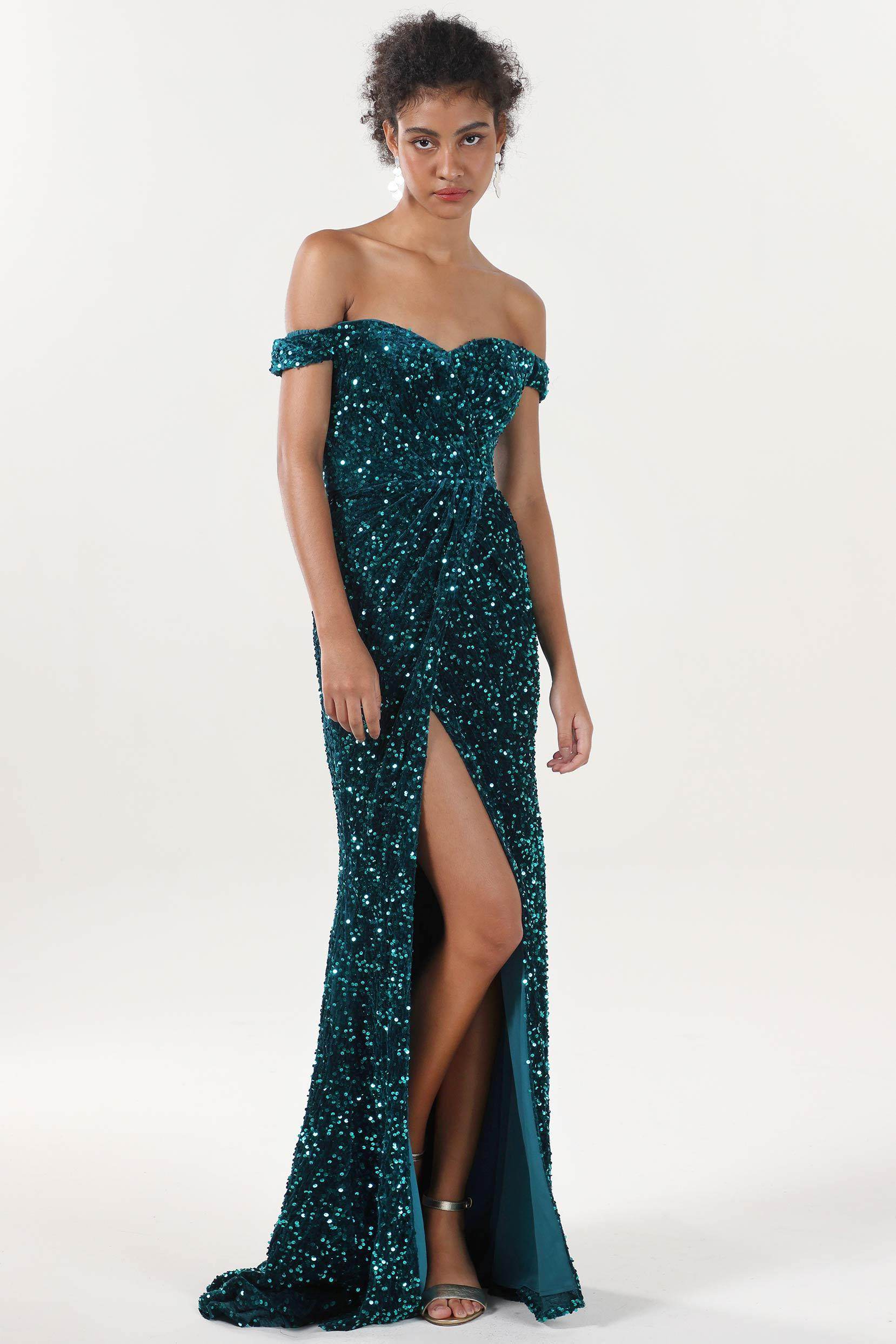 Sheath-Column Sweep-Brush Train Velvet Sequin Formal Dress CS0639 - COCOMELODY